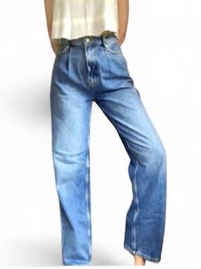 Mng Denim High-waisted Mom Jeans Pleated Front Cotton Relaxed Fit Size 10